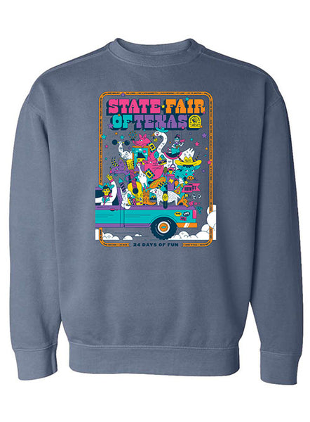 State Fair of Texas® 2024 Theme 24 Days of Fun Blue and Grey Adult Crewneck - Front View