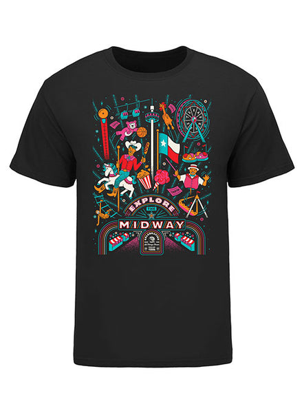 State Fair of Texas® 2023 Theme Explore the Midway Black Adult T-Shirt - Front View