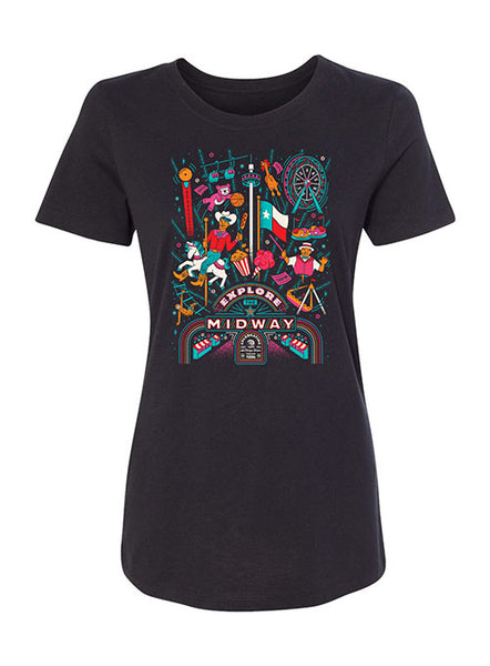 State Fair of Texas® 2023 Theme Explore the Midway Black Ladies T-Shirt - Front View