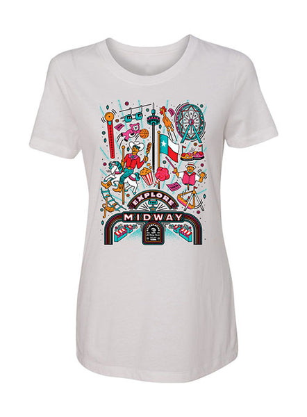 State Fair of Texas® 2023 Theme Explore the Midway White Ladies T-Shirt - Front View