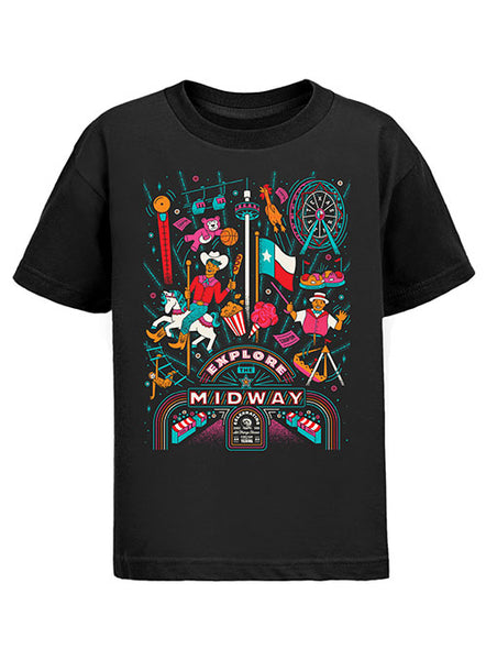 State Fair of Texas® 2023 Theme Explore the Midway Black Youth T-Shirt - Front View