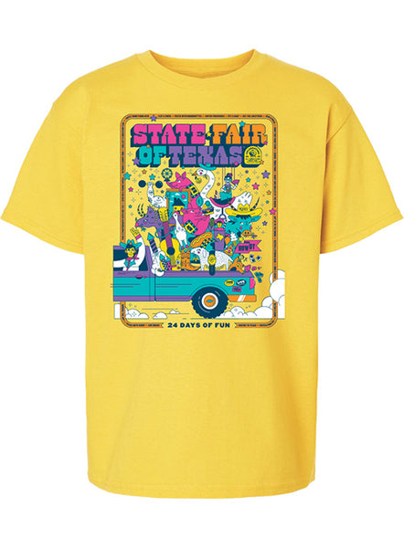 State Fair of Texas® 2024 Commemorative Art 24 Days of Fun Yellow Youth T-Shirt - Front View