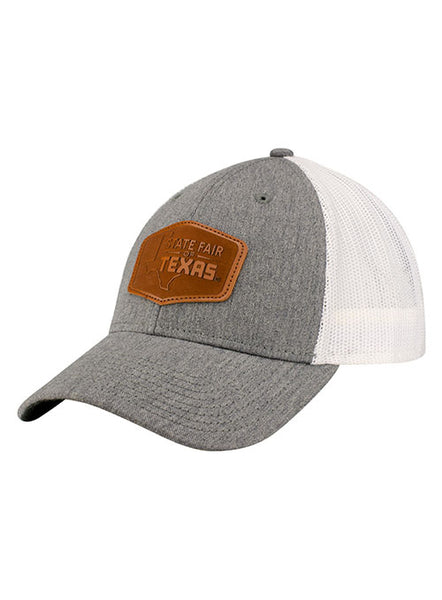 State Fair of Texas® Leather Patch Trucker Hat in Grey and White - Left Side View