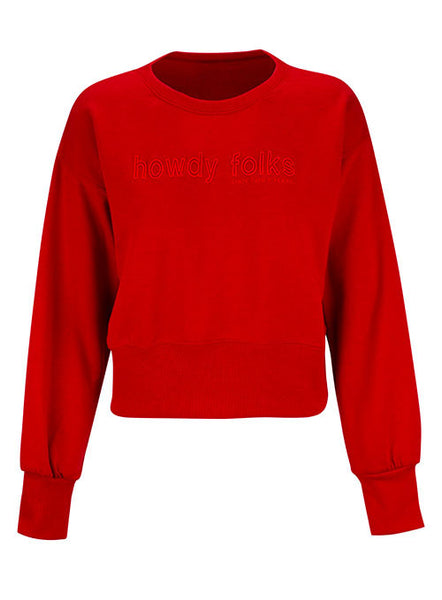 Howdy Folks® Ladies Cropped Sweatshirt in Red - Front View