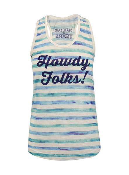 State Fair of Texas® Howdy Folks!® Ladies Striped Tank in White and Blue - Front View