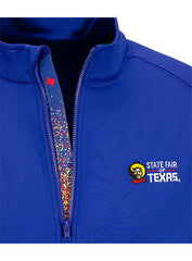 State Fair of Texas® Quarter Zip Jacket in Royal Blue - Front View, Close Up