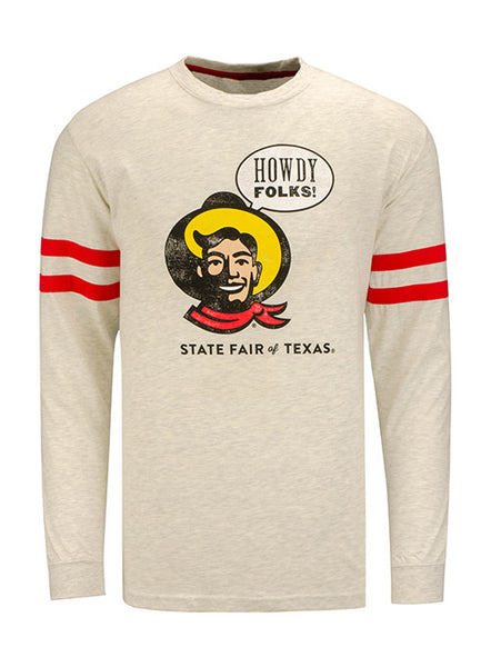 "Howdy Folks!®" Long Sleeve Vintage Stripe T-Shirt in White with Red Stipes - Front View