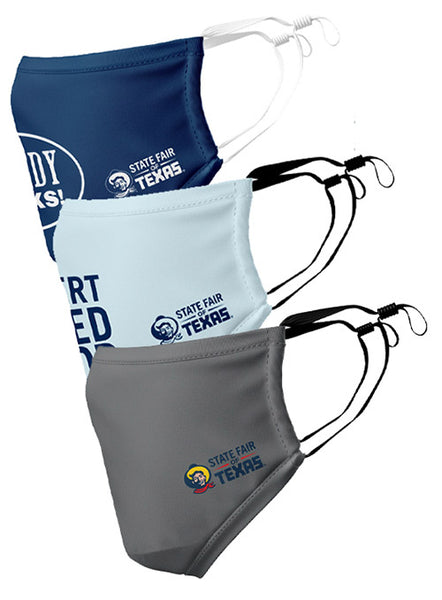 3-Pack Reusable State Fair of Texas® Face Covers in Dark Blue, Light Blue, and Gray with State Fair of Texas logos - Side View
