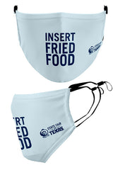 Reusable State Fair of Texas® Face Cover in Light Blue - Front and Side Views. Front of mask says "Insert Fried Food".