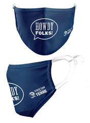 Reusable State Fair of Texas® Face Cover in Blue - Front and Side Views. Front of masks says "Howdy Folks!"