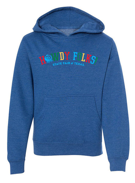 State Fair of Texas® "Howdy Folks!®" Youth Hoodie in Royal Blue - Front View